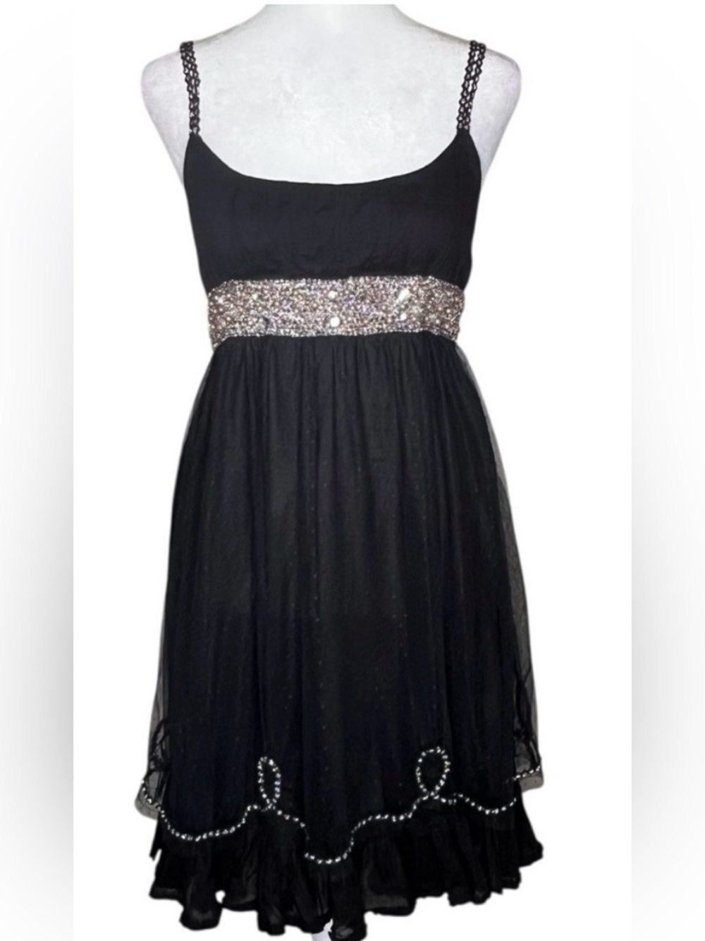 Free People Black Boho Silver accent Romantic Baby Doll Cocktail Dress / Size 6